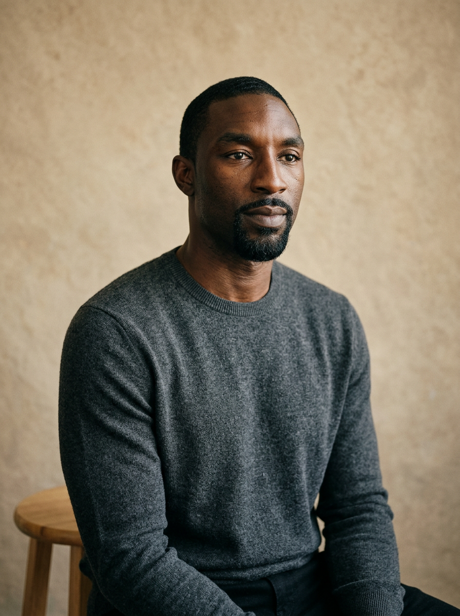 Editorial portrait of Ben Gordon seated on a wooden stool against a warm neutral backdrop, dressed in a charcoal crewneck, calm and direct gaze. Editorial portrait of Ben Gordon seated on a wooden stool against a warm neutral backdrop, dressed in a charcoal crewneck, calm and direct gaze.