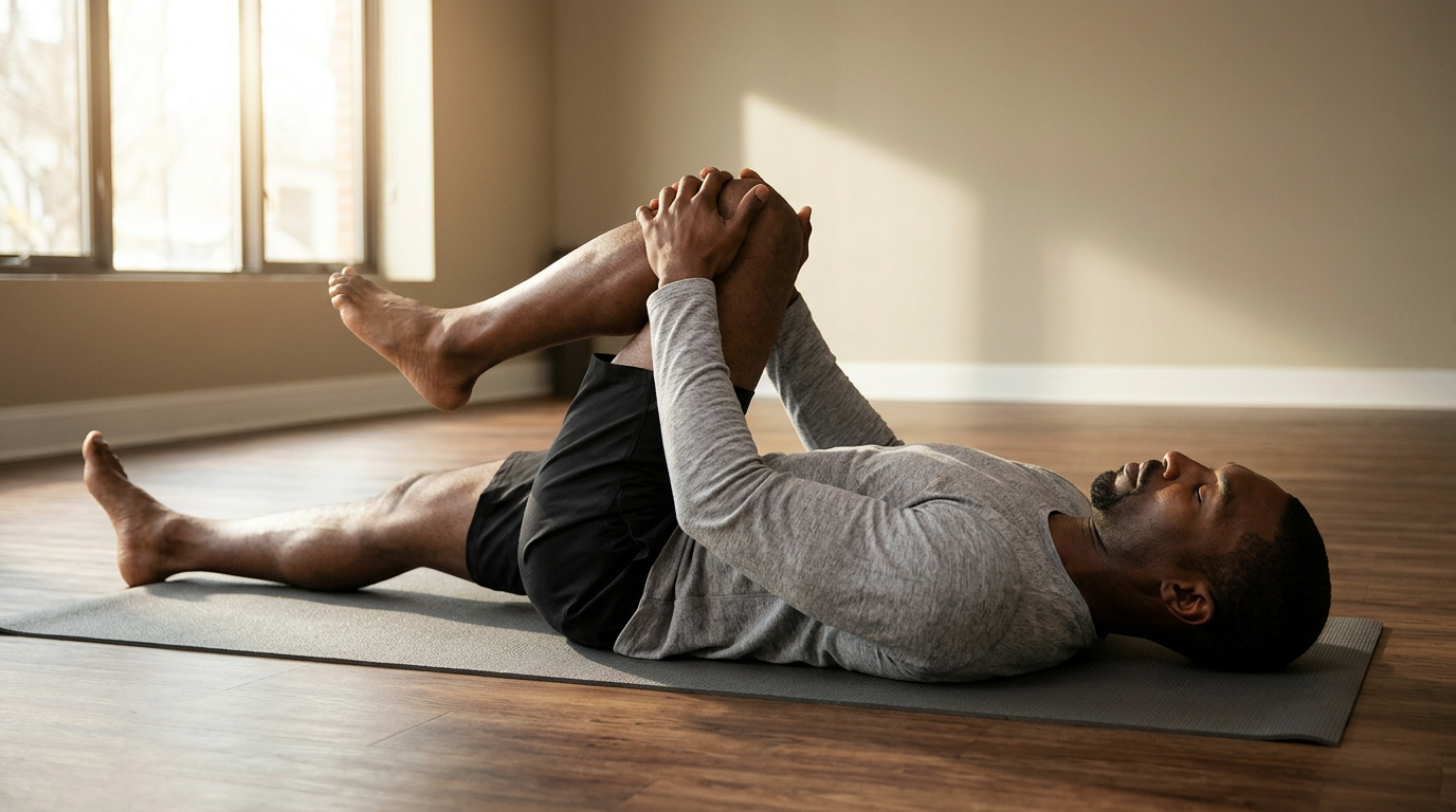 Ben Gordon holding a deep self-guided fascia stretch on a mat in a sunlit studio — overview still for the FST methodology. Ben Gordon holding a deep self-guided fascia stretch on a mat in a sunlit studio — overview still for the FST methodology.