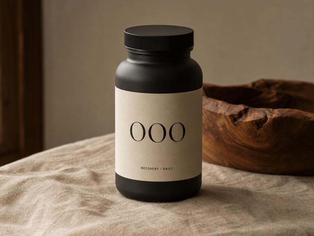 OfOurOwn daily recovery supplement bottle in matte amber glass, lit by warm window light against a soft neutral backdrop.
